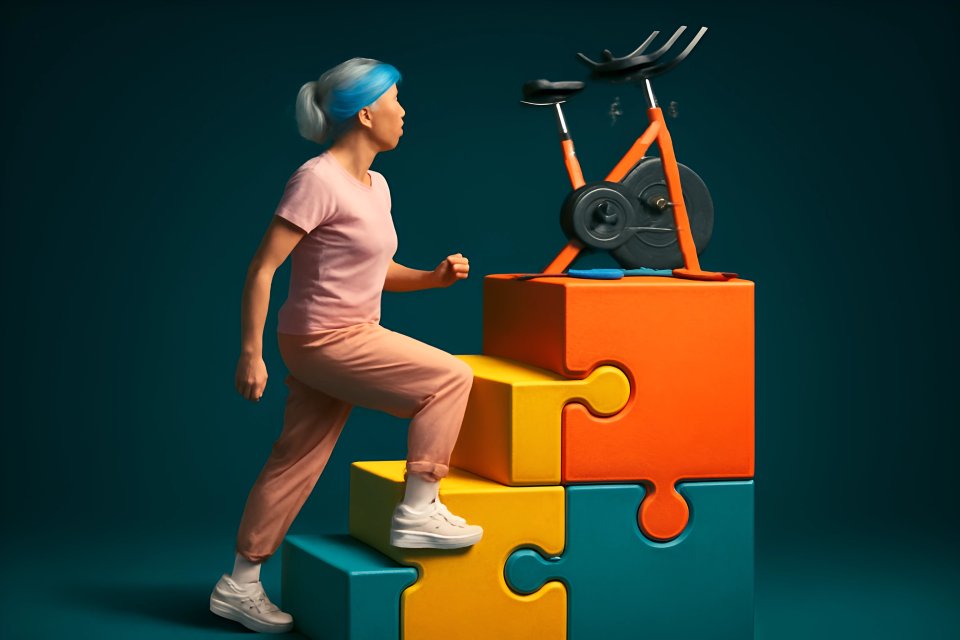 Woman climbing steps to exercise bike.