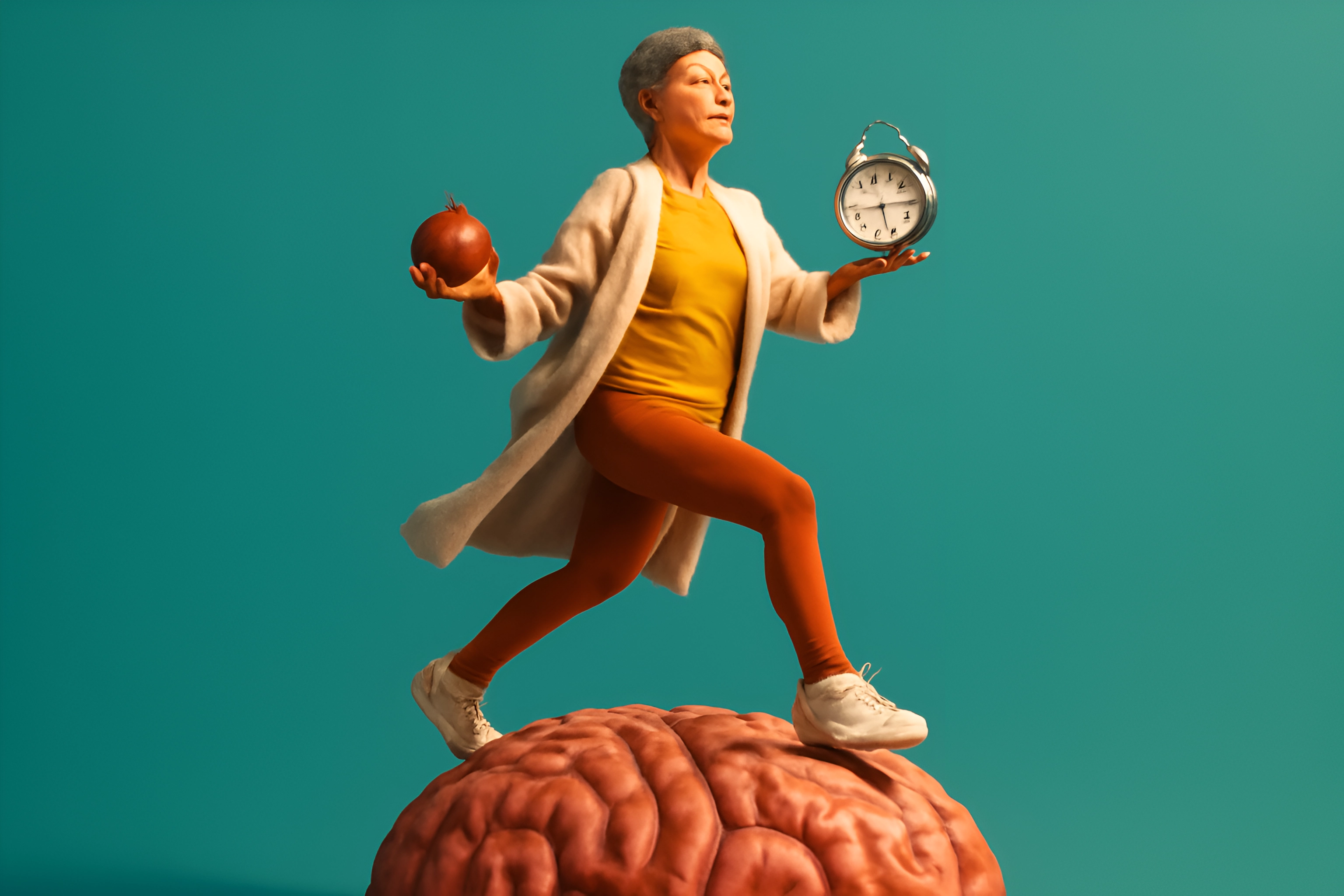 Person balancing clock and apple on brain.