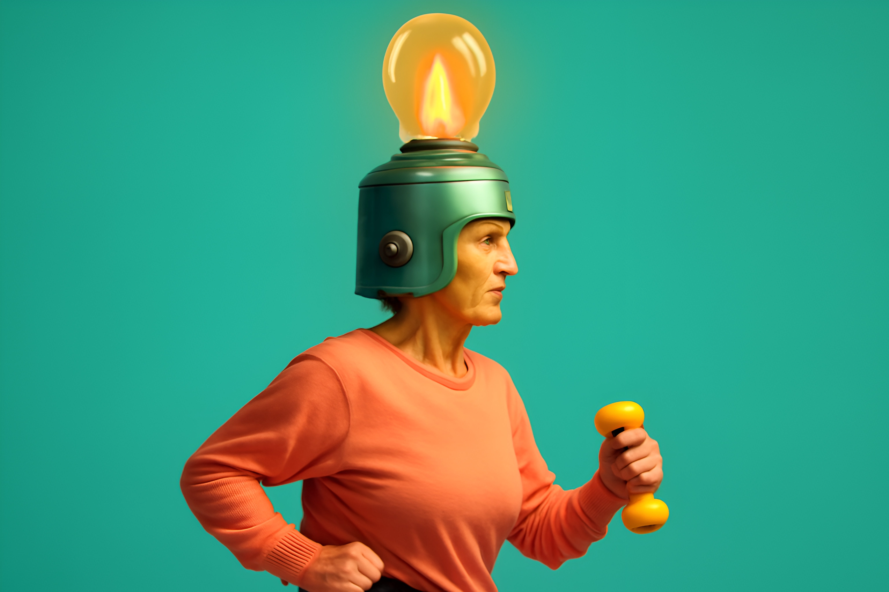 Woman with lightbulb helmet exercising