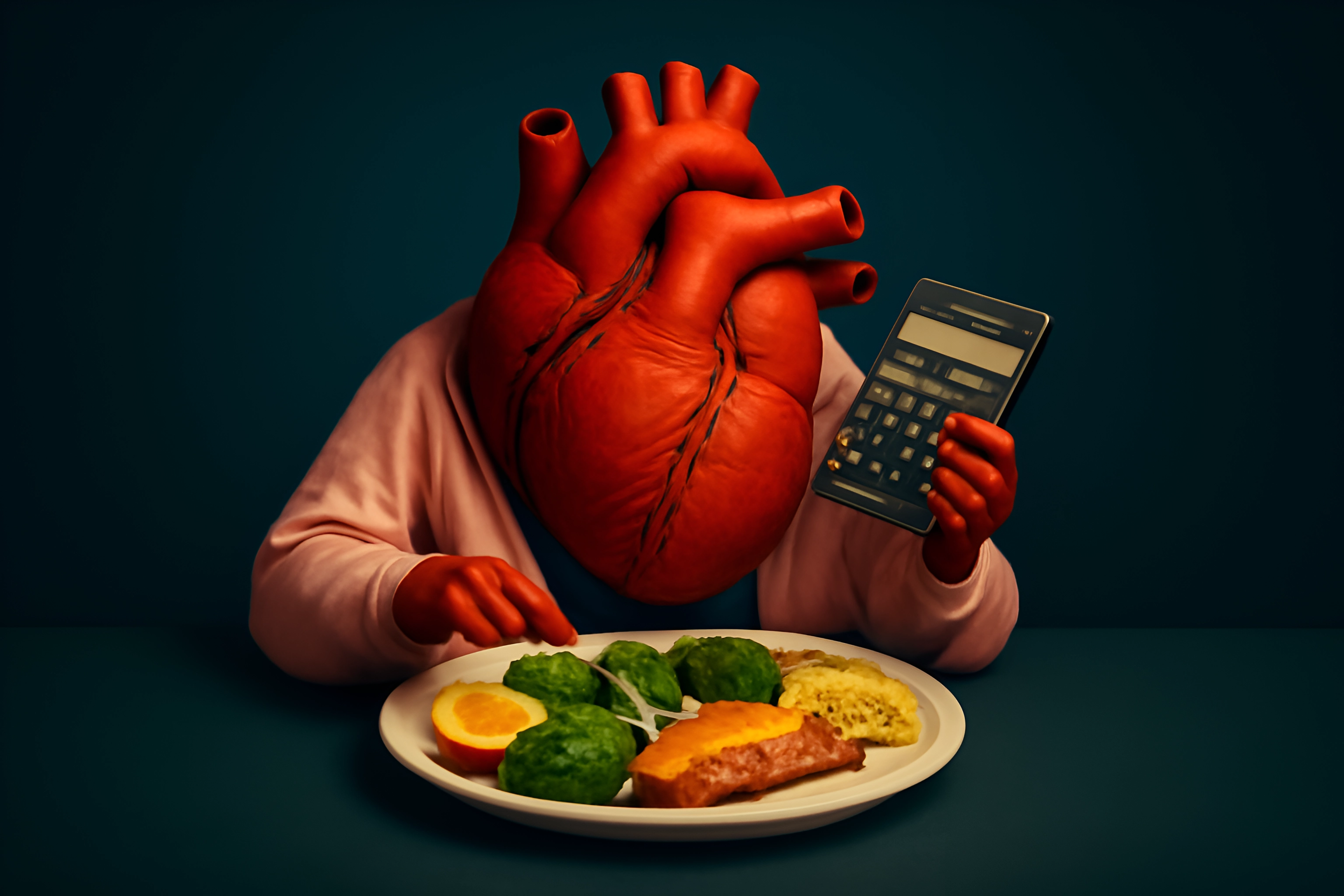 Heart with calculator and healthy food