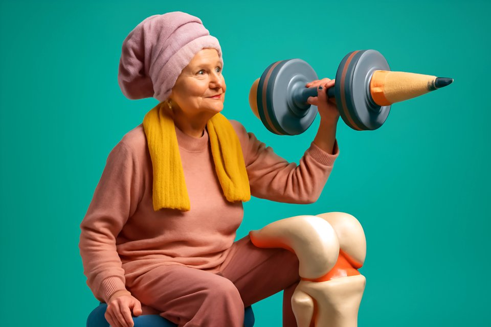 Elderly woman exercising with weights