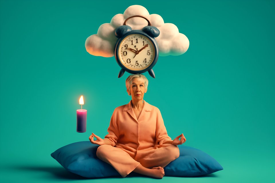 Mulher meditando com um relógio e uma vela