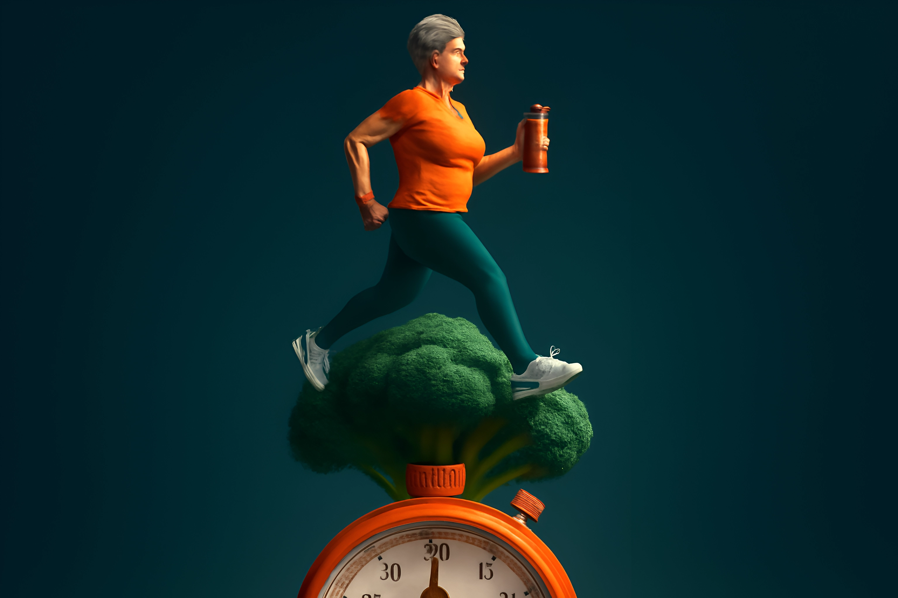 Woman jogging on broccoli clock