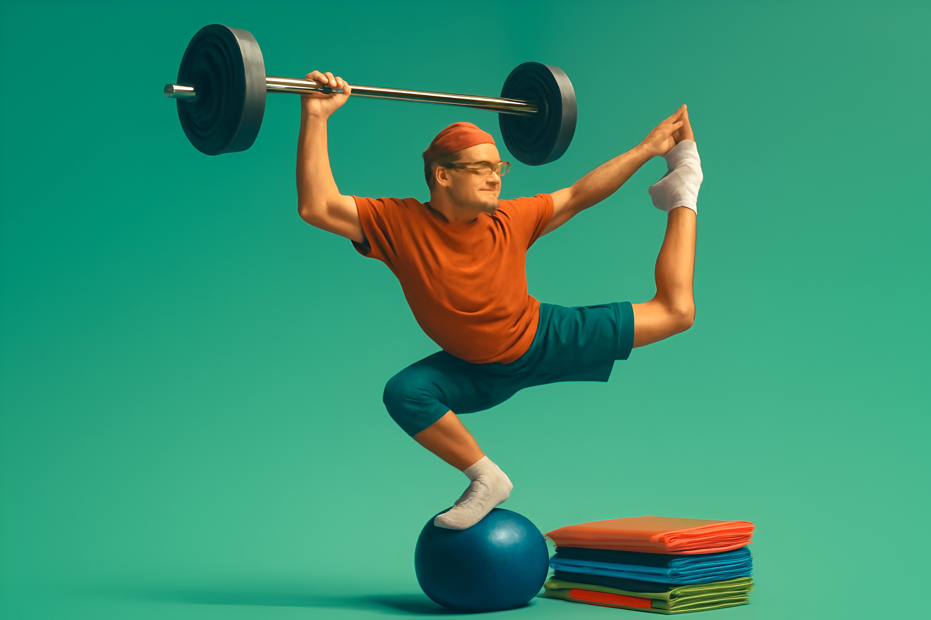 Man balancing weights on stability ball