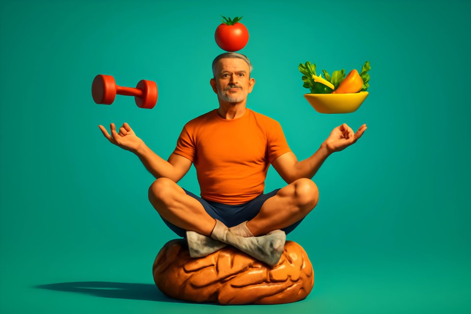 Man meditating with weights and vegetables