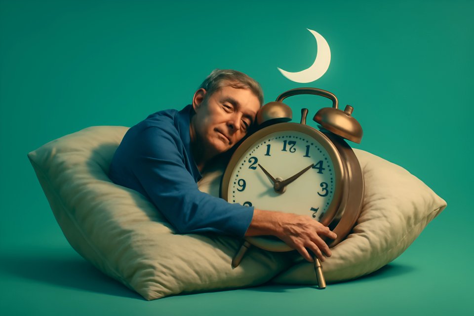 Man with alarm clock at night