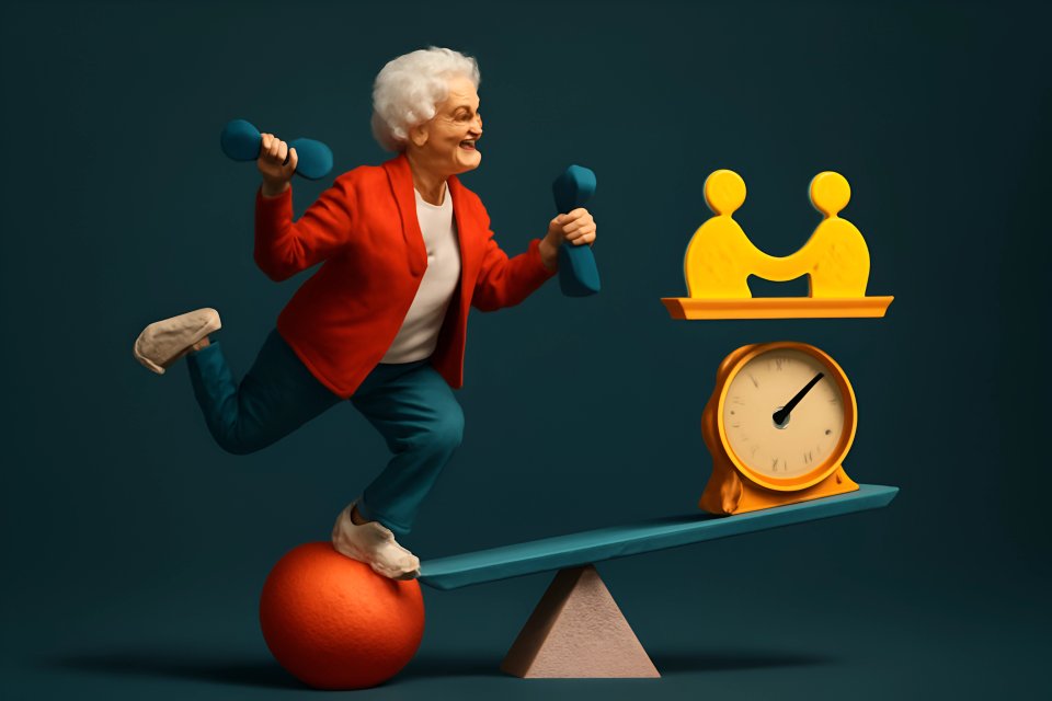 Elderly woman exercising with weights