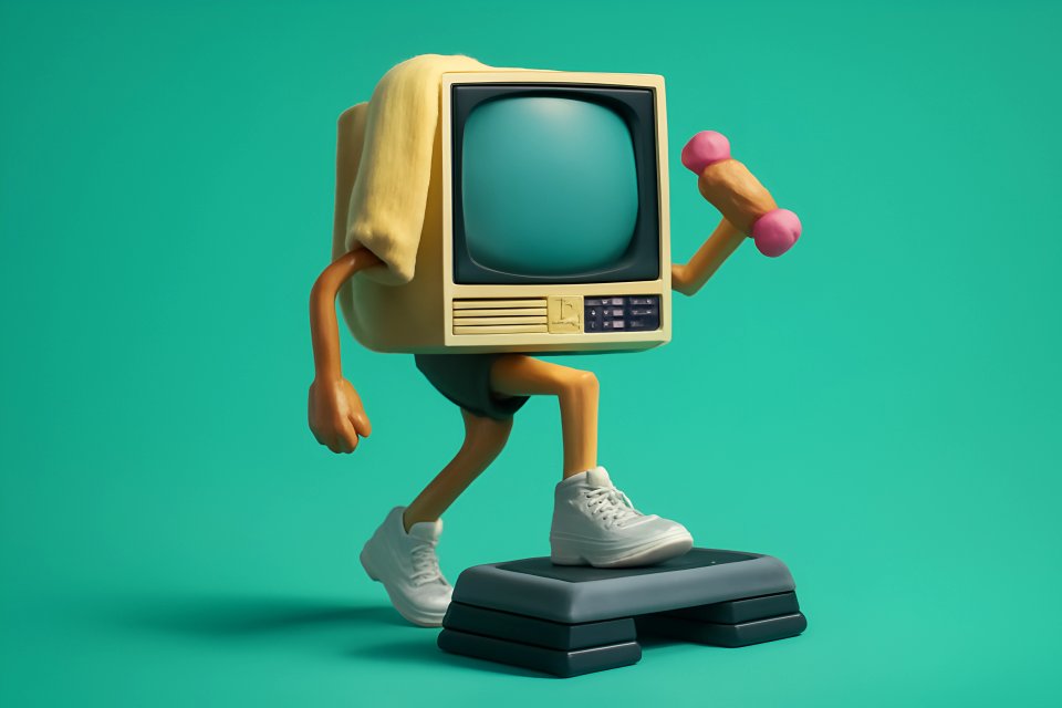TV head exercising with weights