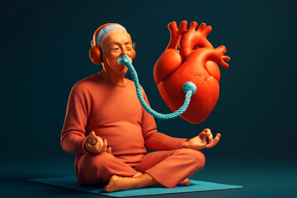 Meditating man with heart connection