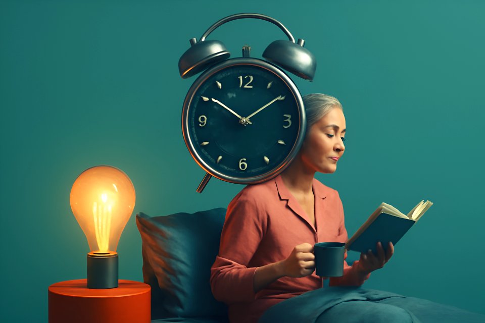 Woman reading with clock backdrop
