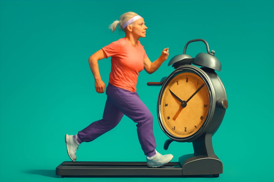 Woman running on clock treadmill