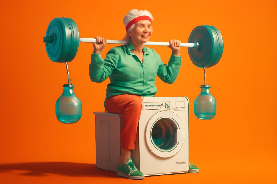 Woman exercising on washing machine