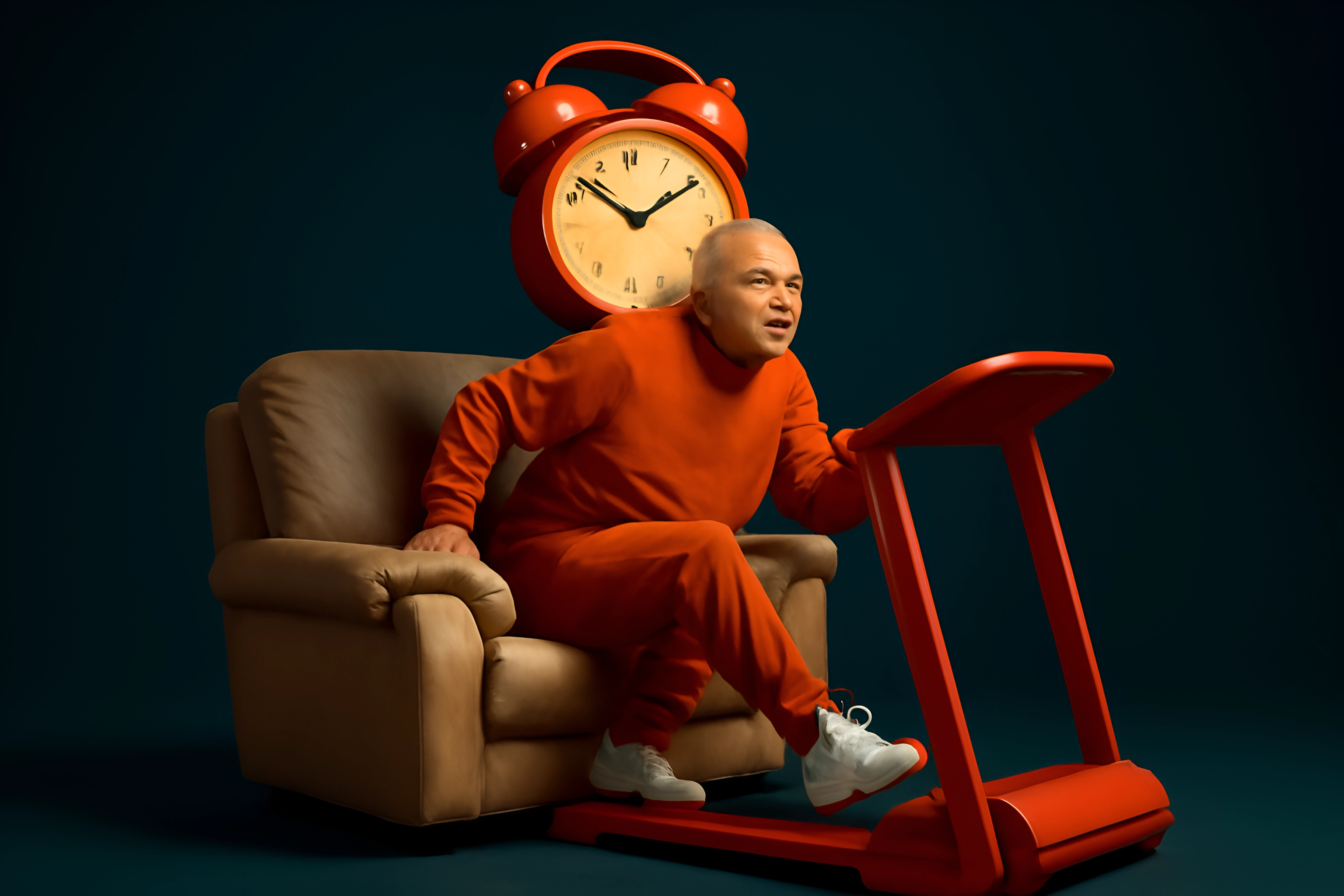 Man on treadmill with clock.