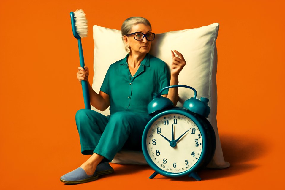 Woman with clock and cleaning brush