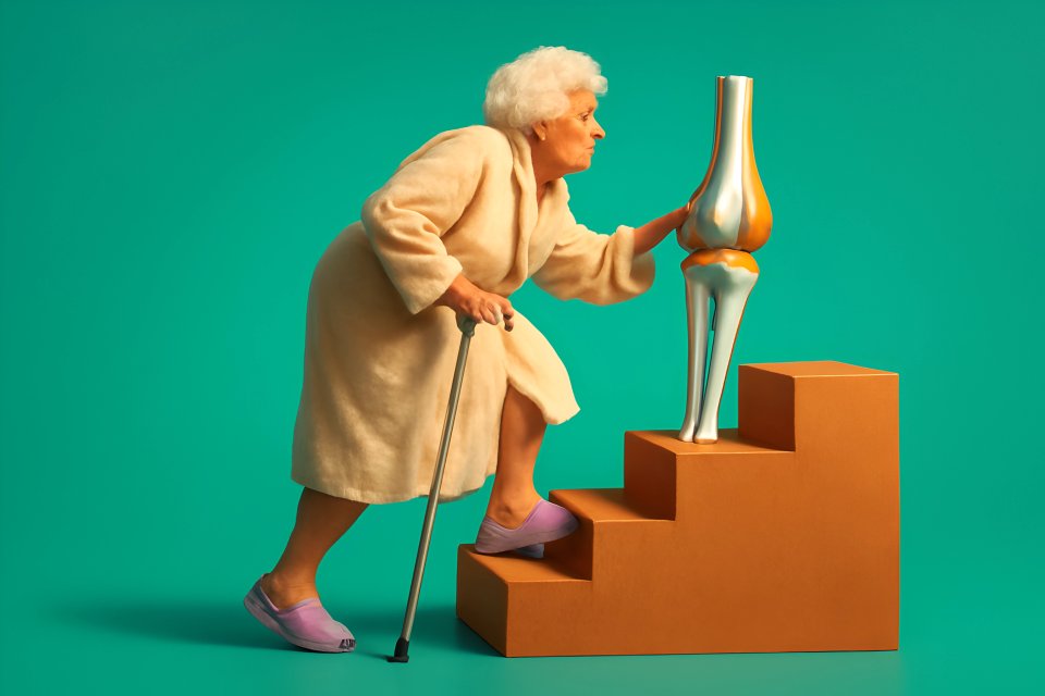 Senior woman with lamp on stairs