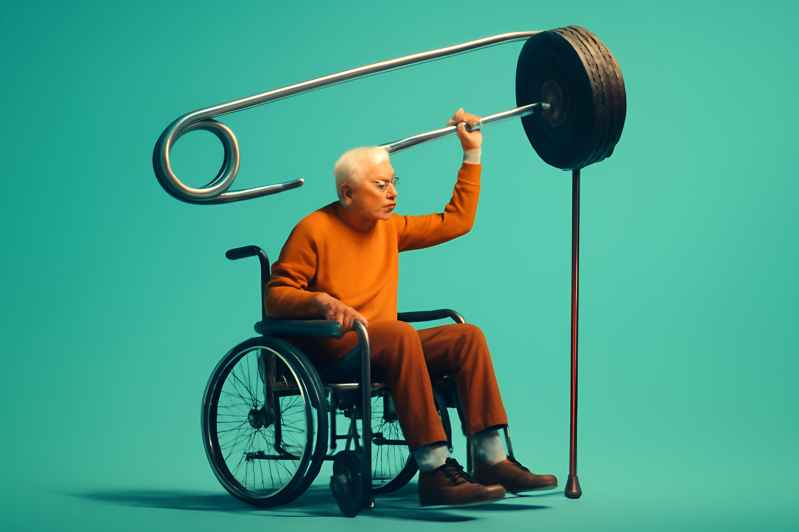 Elderly person lifting safety pin in wheelchair