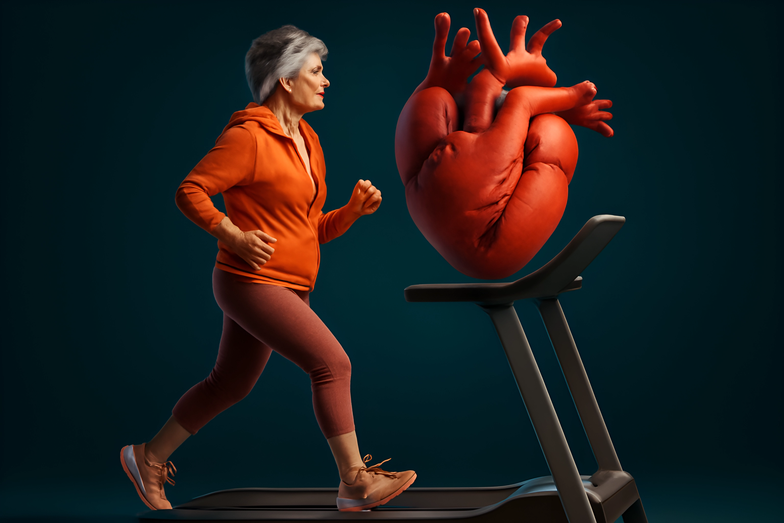 Woman jogging with heart sculpture.