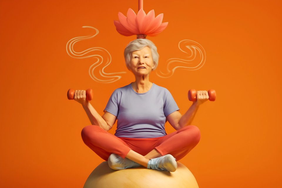 Elderly woman meditating with weights