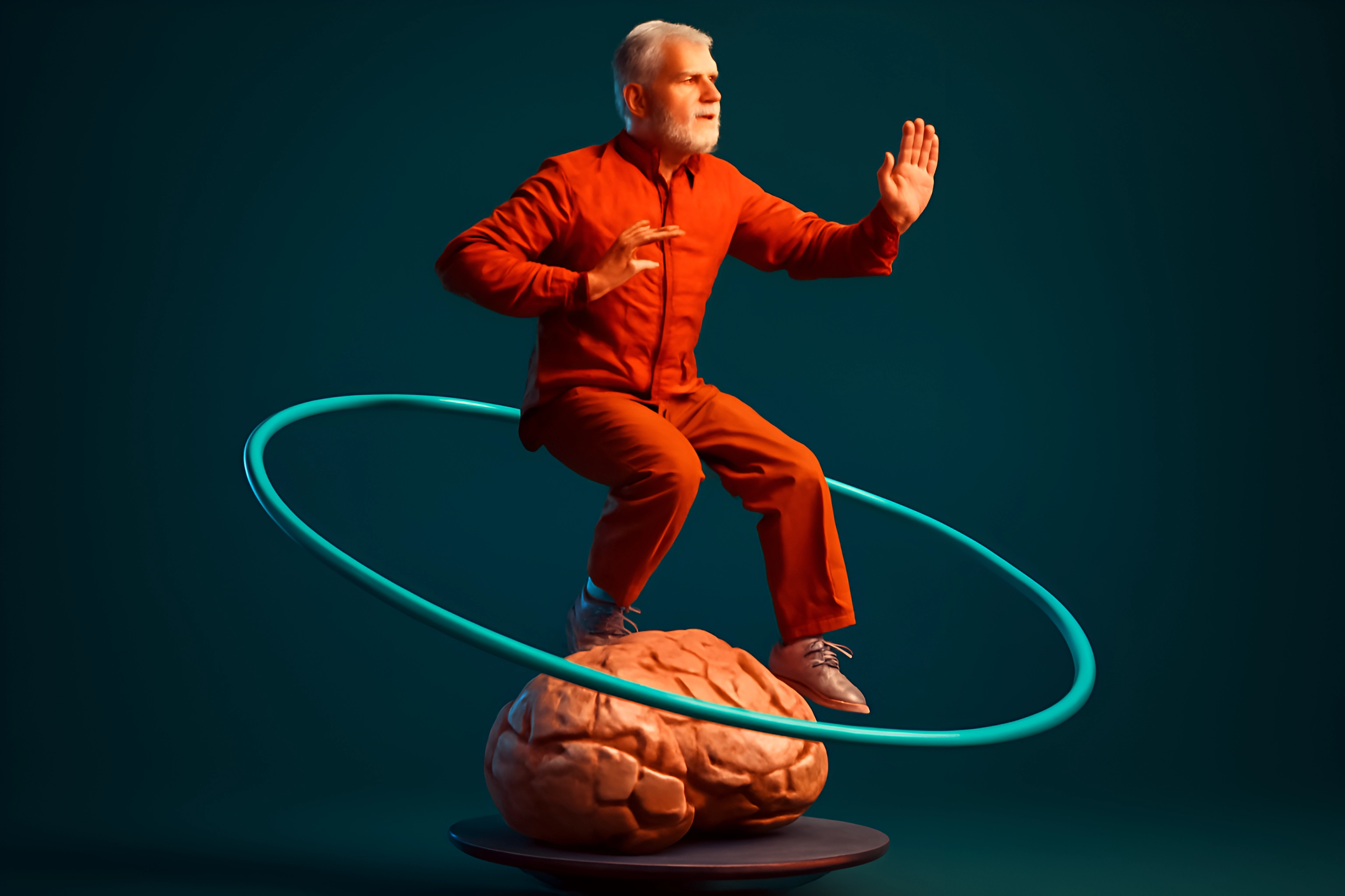 Man hula hooping on brain sculpture