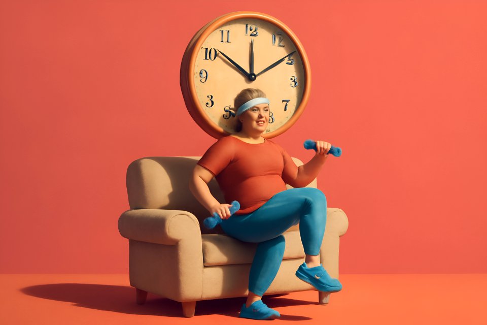 Couch exercise with clock backdrop