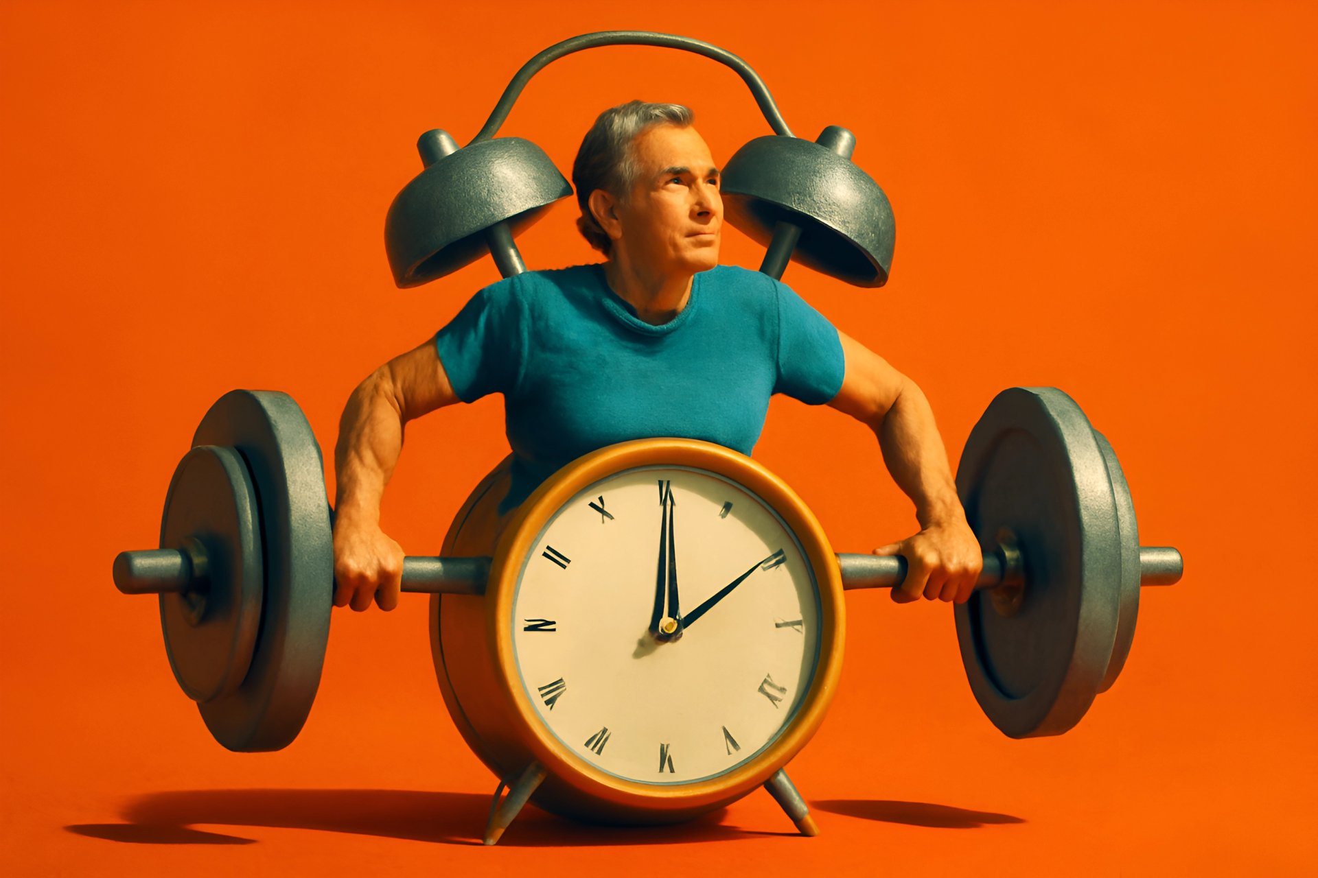Man lifting weights with clock