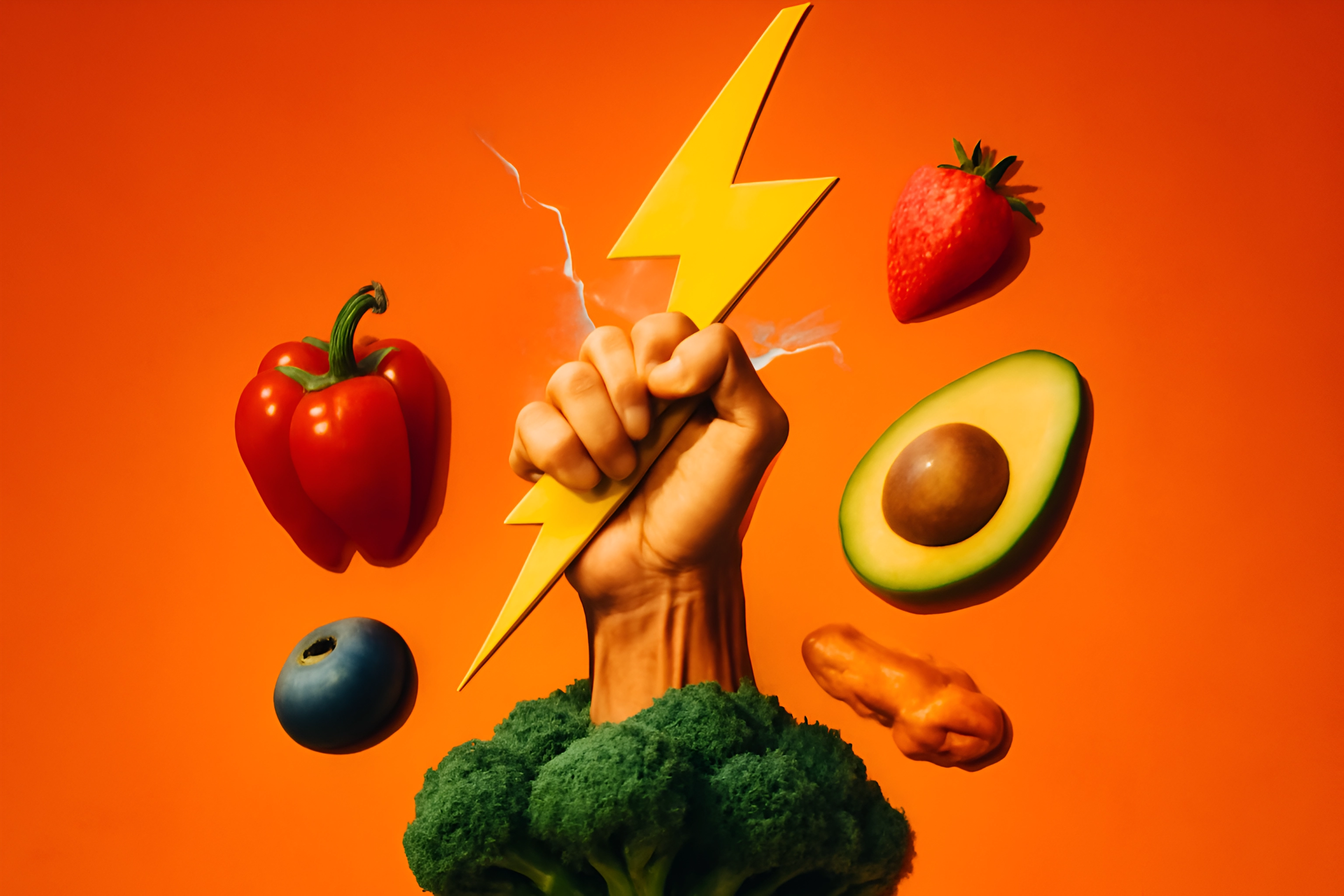 Fruits et légumes éclatants sous un éclair dynamique