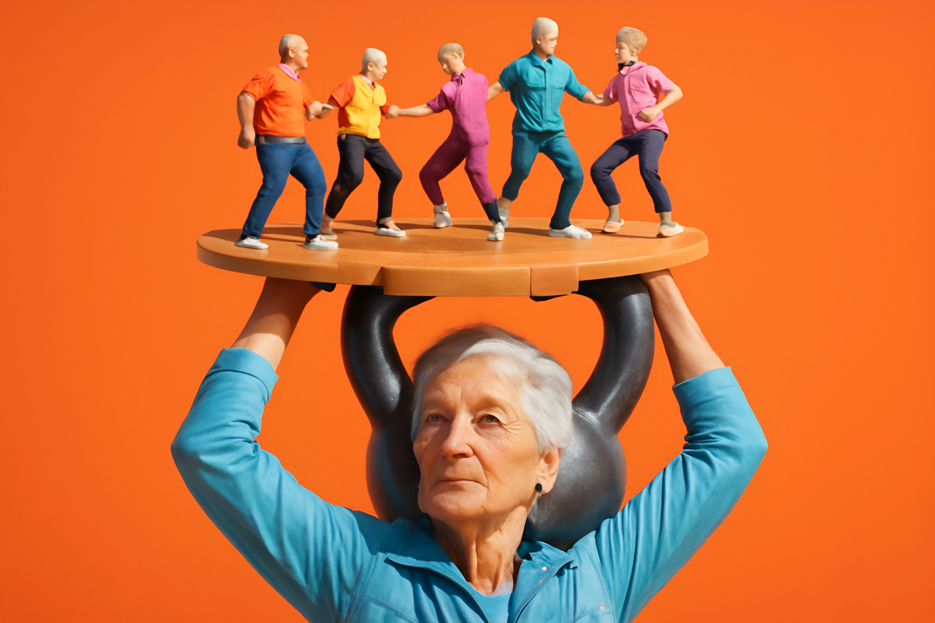 Woman with dancing figurines on platform