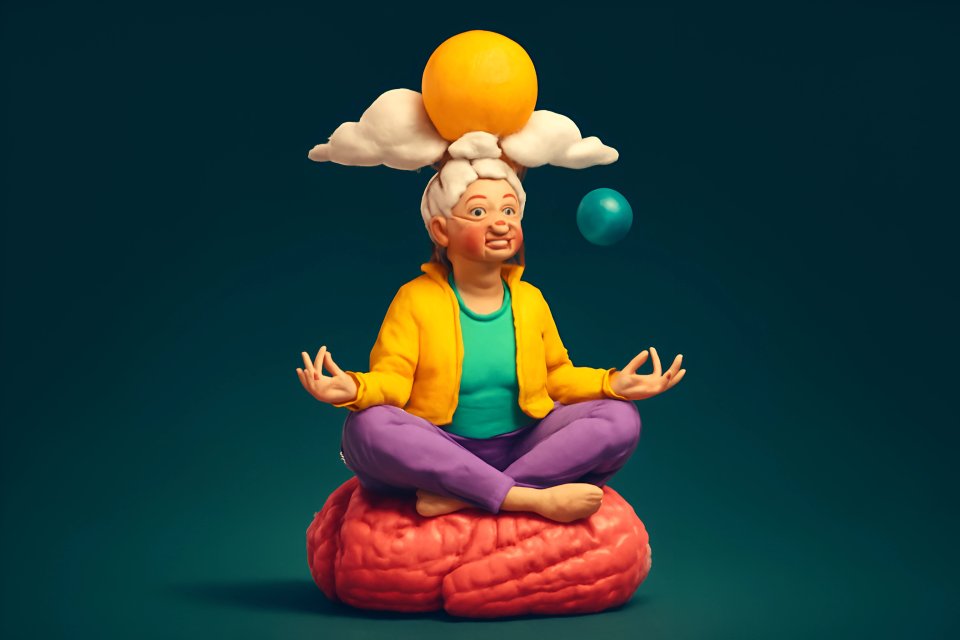 Meditating figure with brain and sun