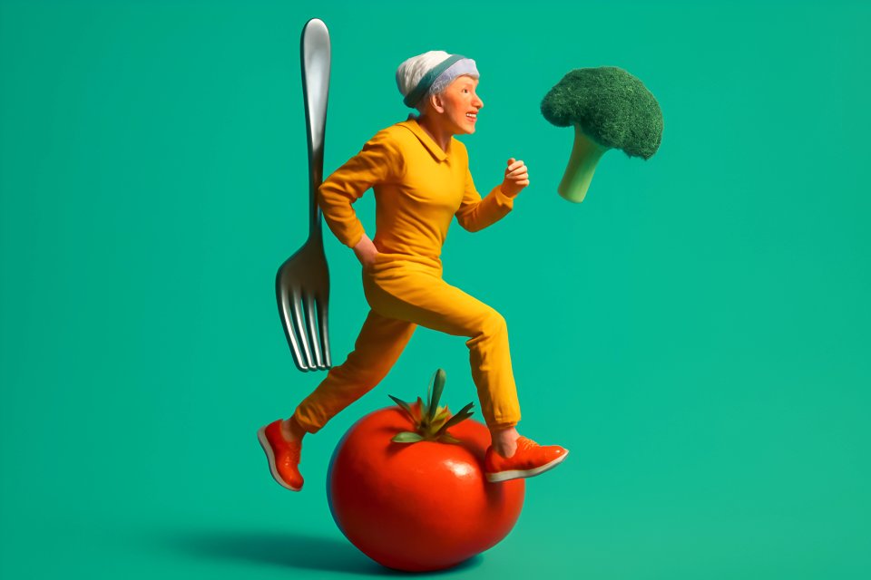 Person jogging on tomato with vegetables.