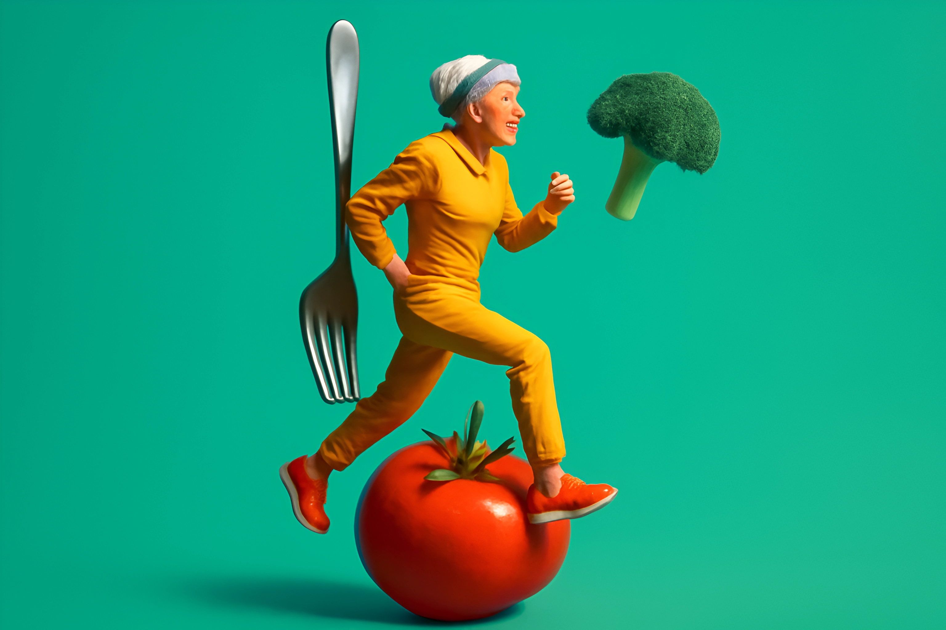 Une personne en jogging dans un décor de tomates et de légumes