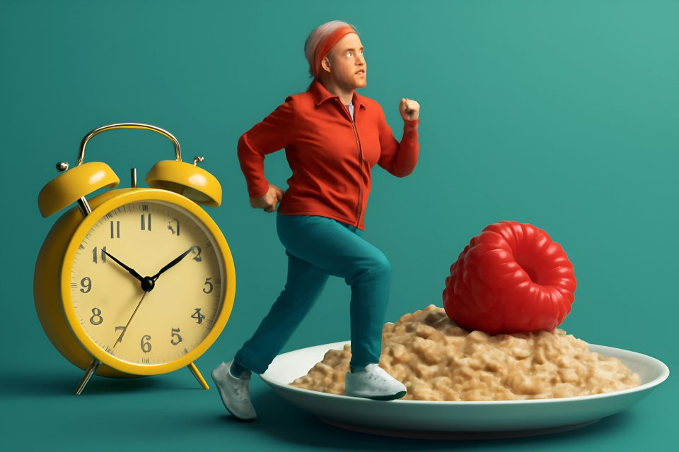 Kvinna som joggar med en skål havregryn