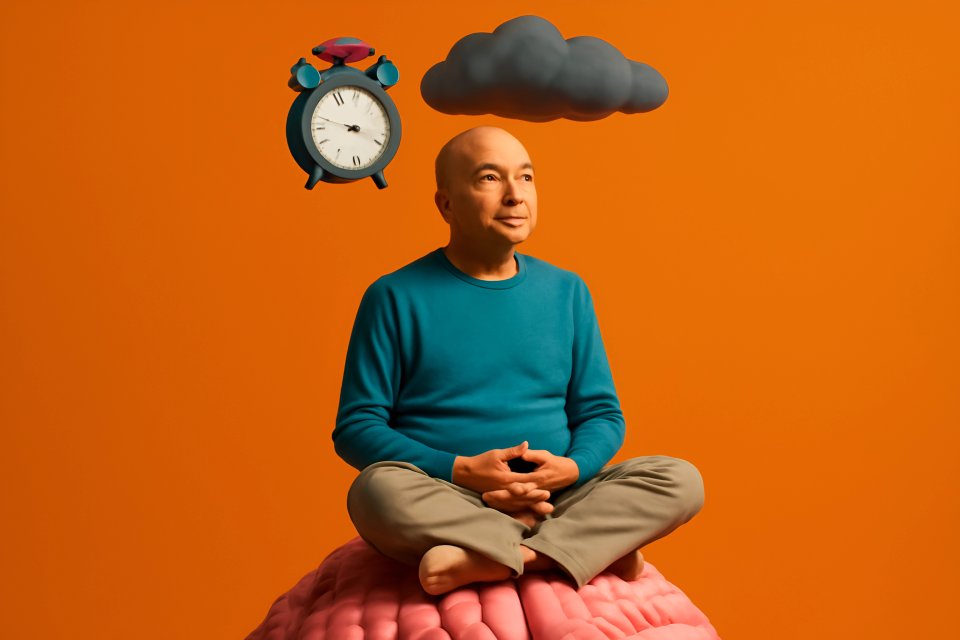 Man meditating with clock and cloud.