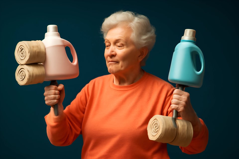 Elderly woman exercising with detergent bottles