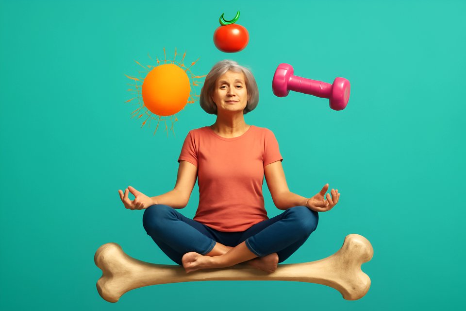 Mujer mayor meditando junto a alimentos saludables