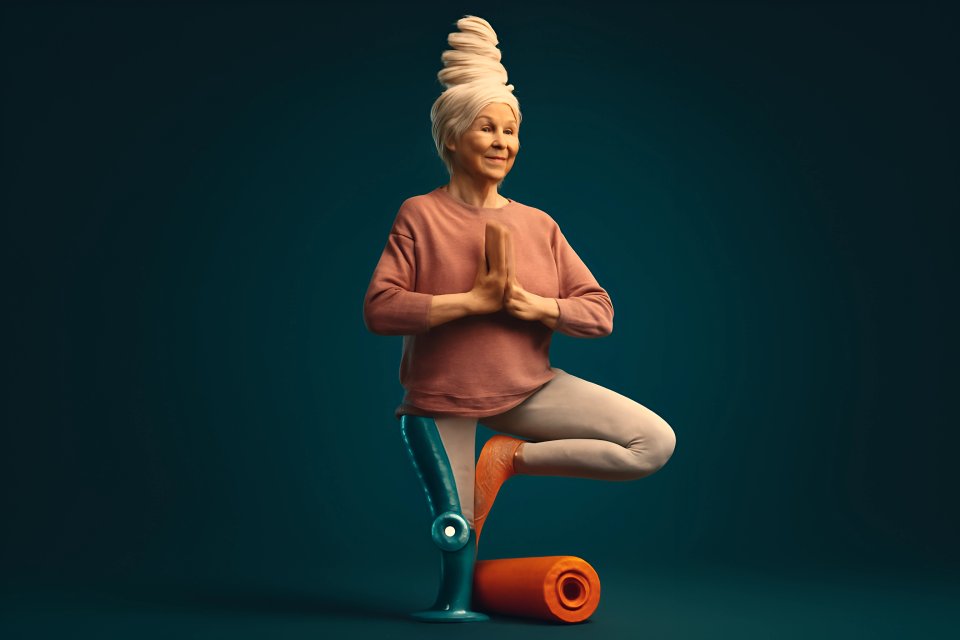 Mujer mayor practicando yoga con prótesis en la pierna