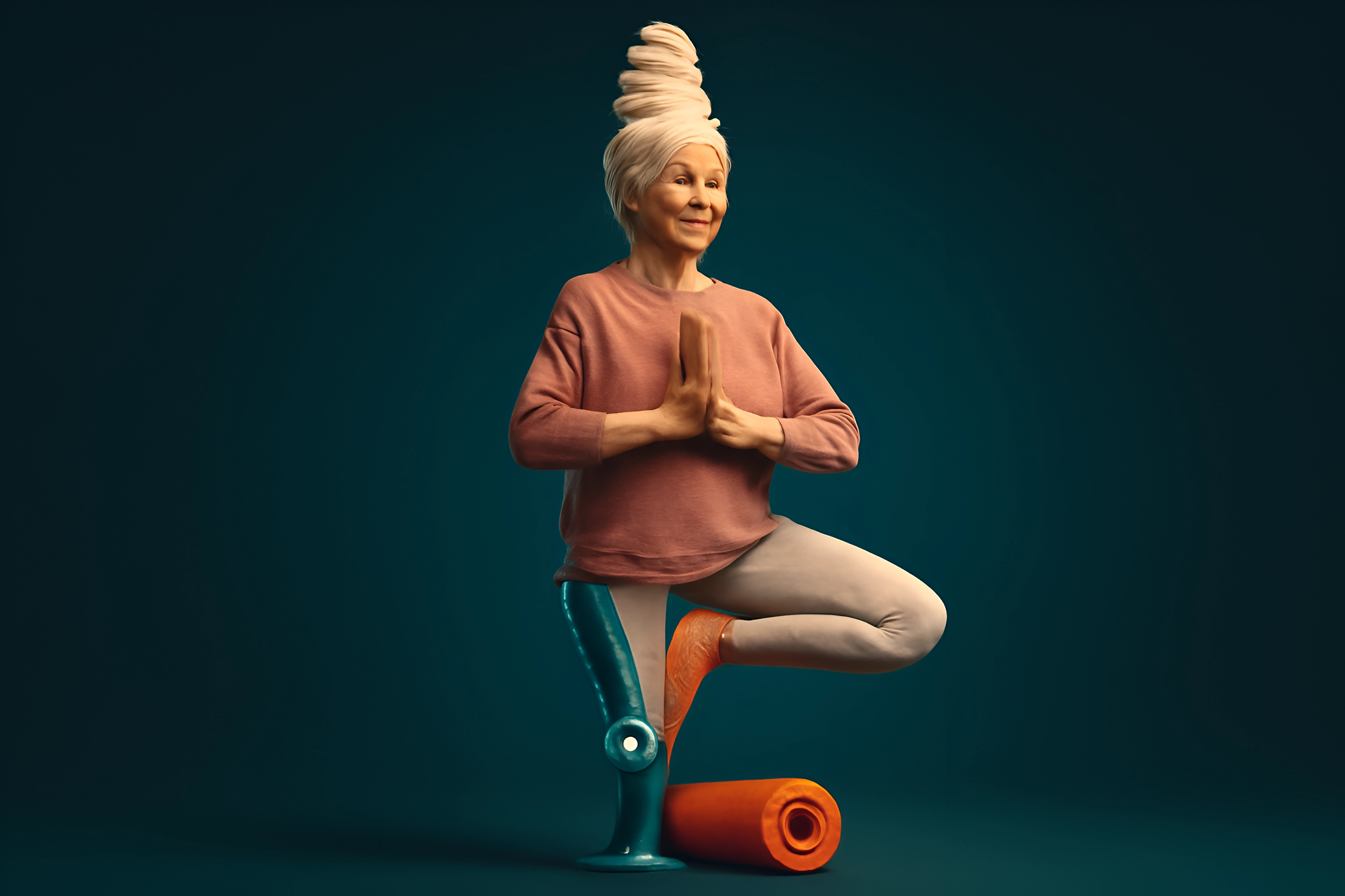Oudere vrouw die yoga beoefent met een prothesebeen