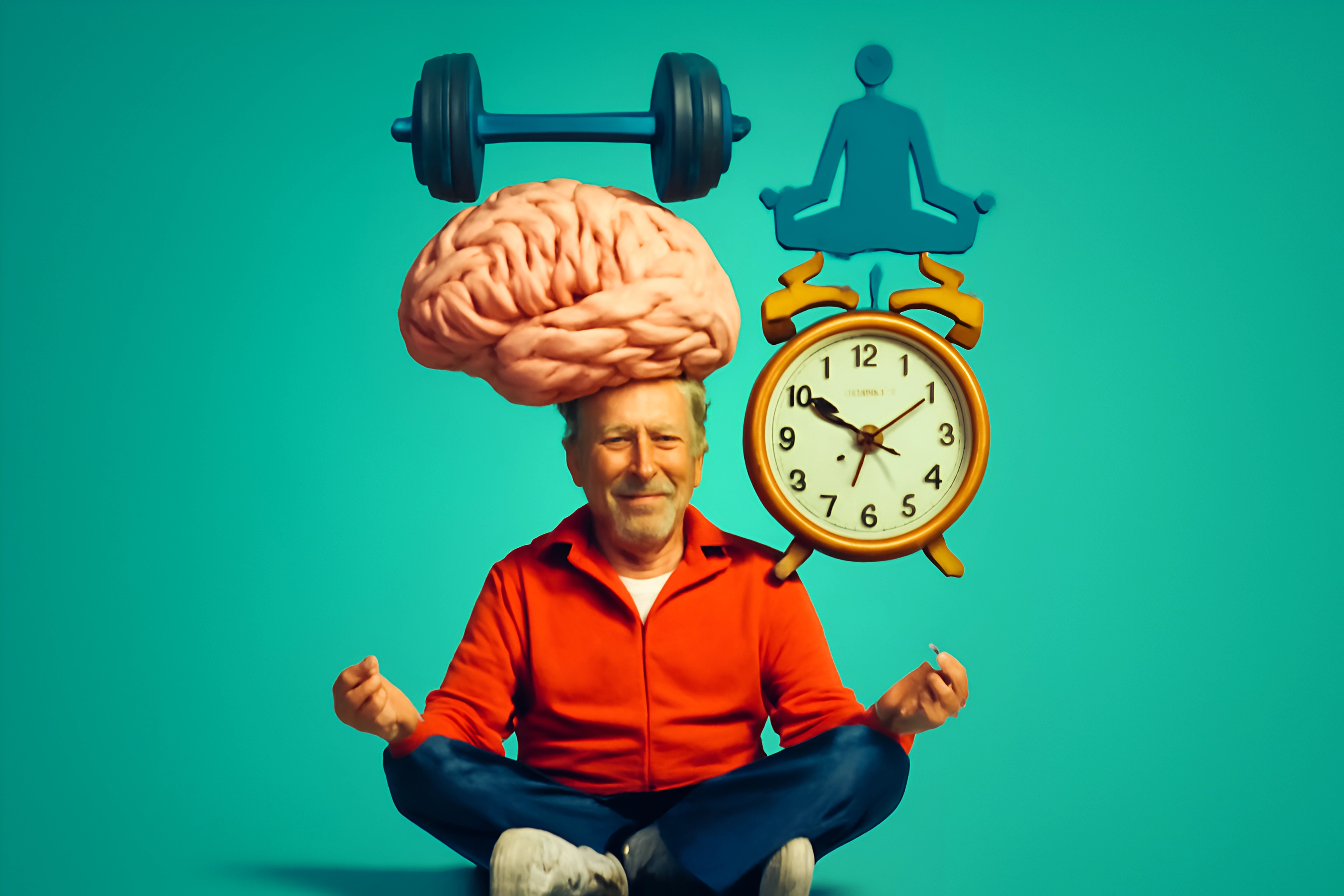 Meditazione con cervello, pesi e orologio