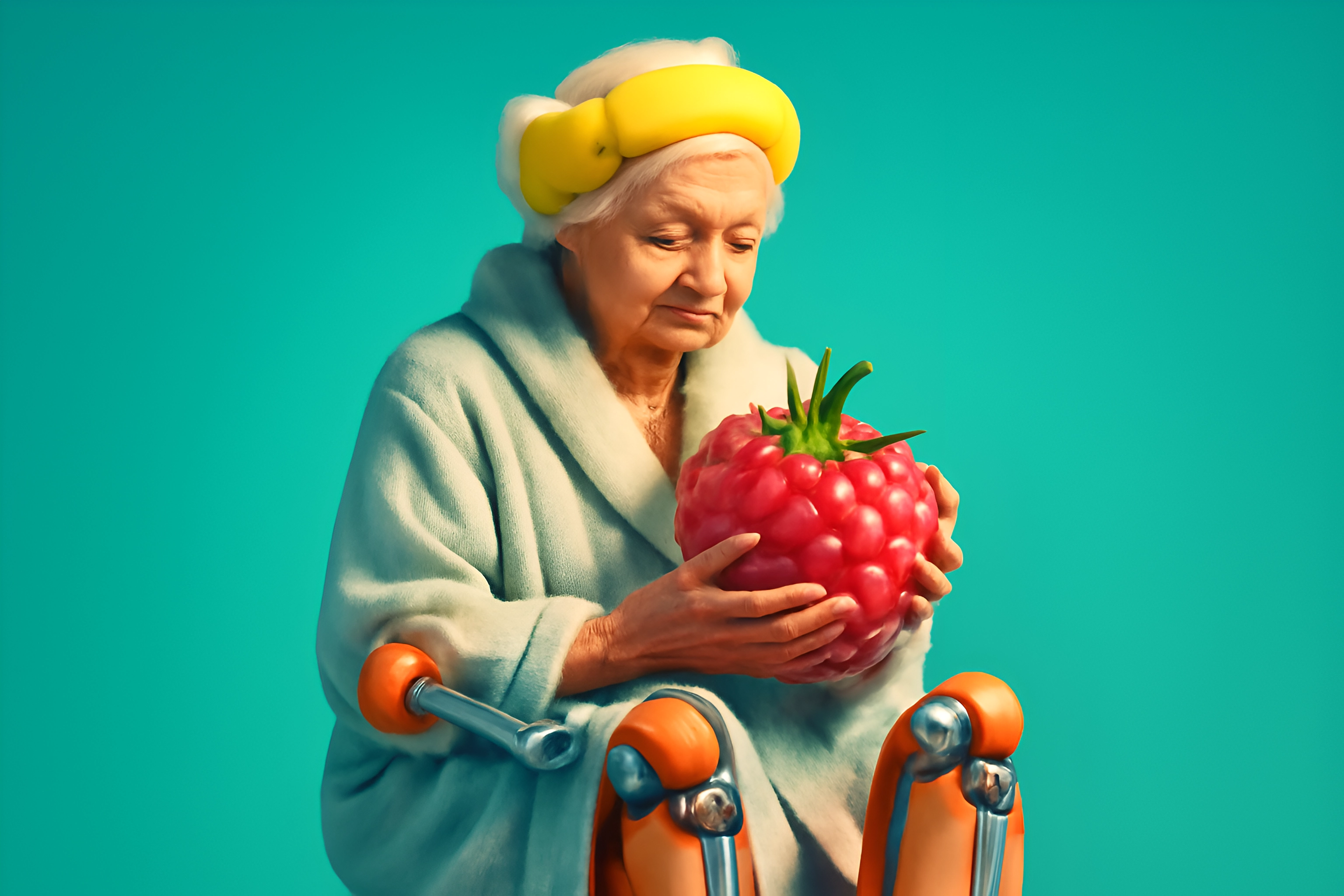 Elderly woman with oversized raspberry