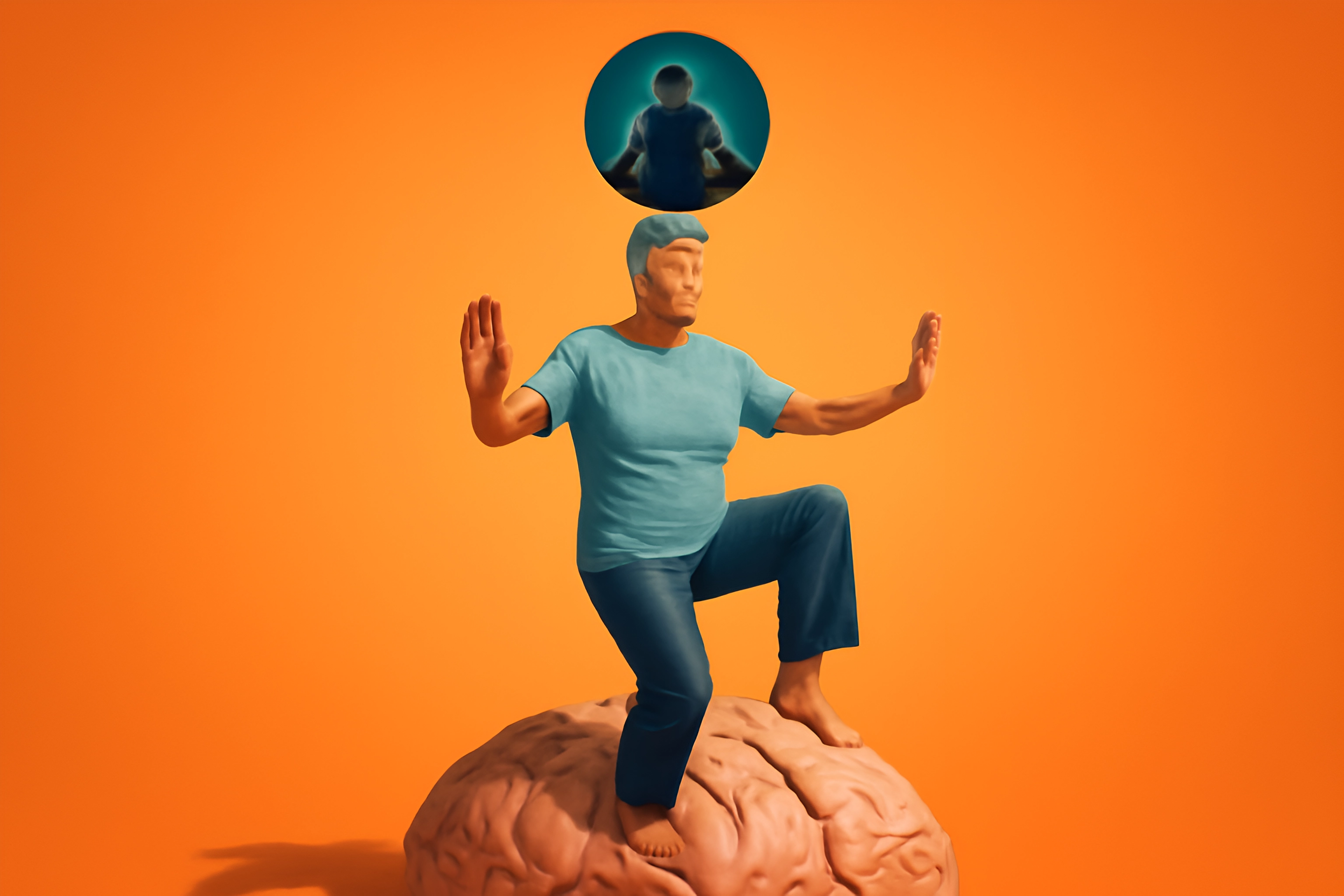 Figure balancing on brain illustration