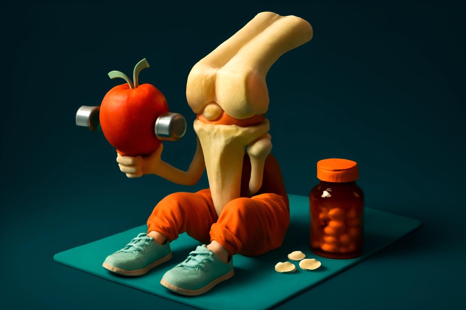 Cartoon knee joint with apple and weights
