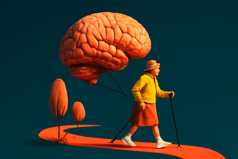 Person walking with brain illustration