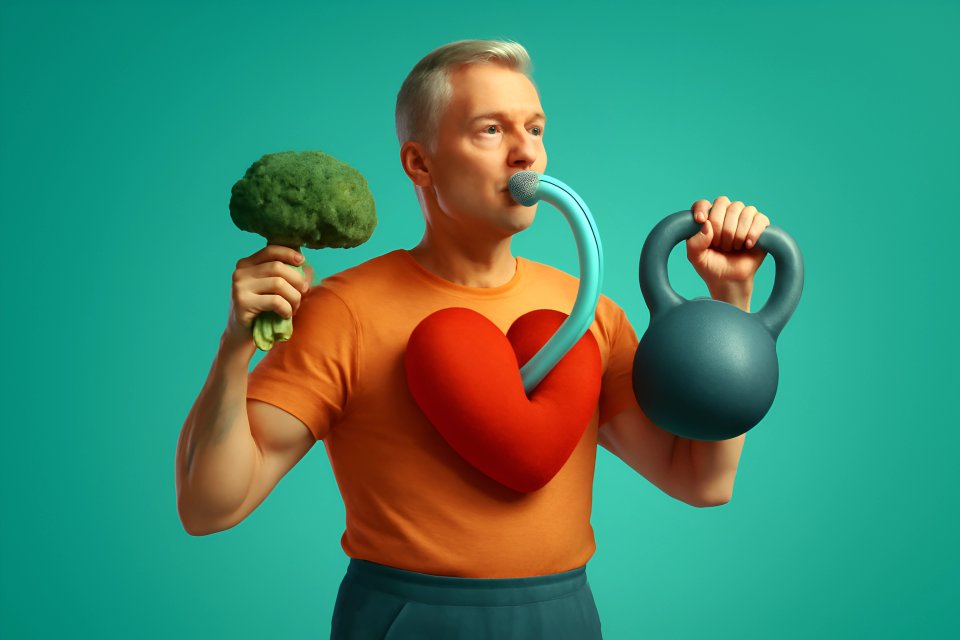 Man with broccoli and kettlebell
