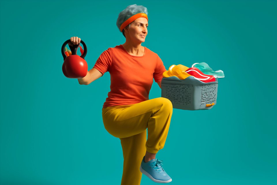 Woman exercising with laundry and kettlebell