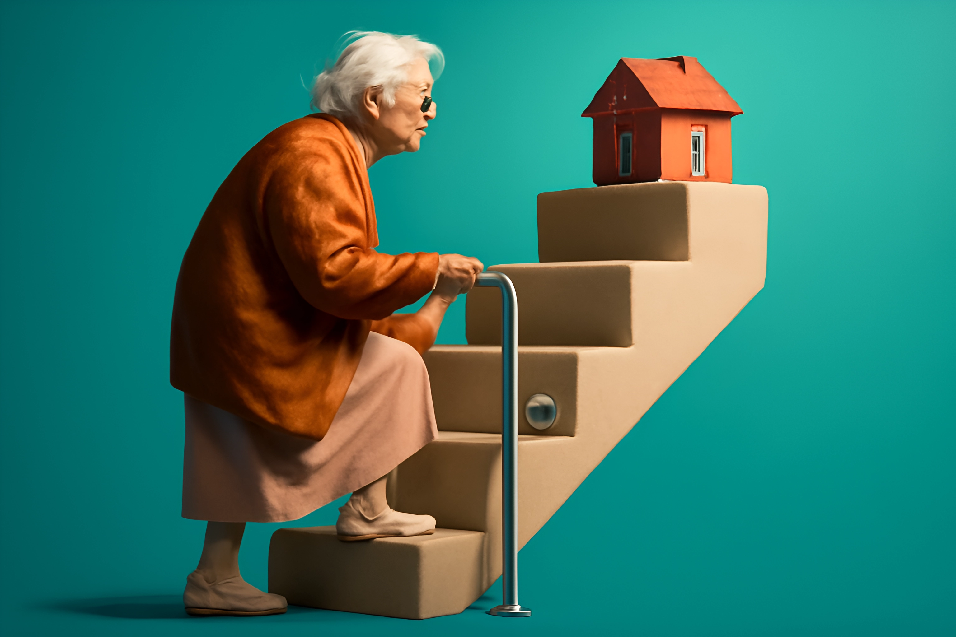 Senior woman ascending stairs to house