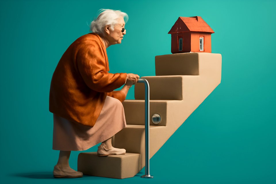 Senior woman ascending stairs to house