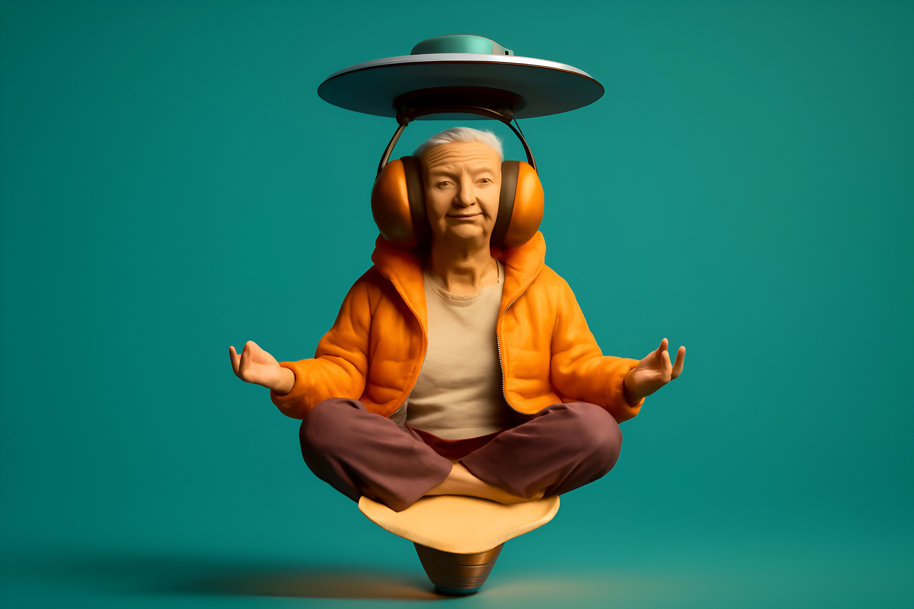 Meditative figure with headphones and UFO