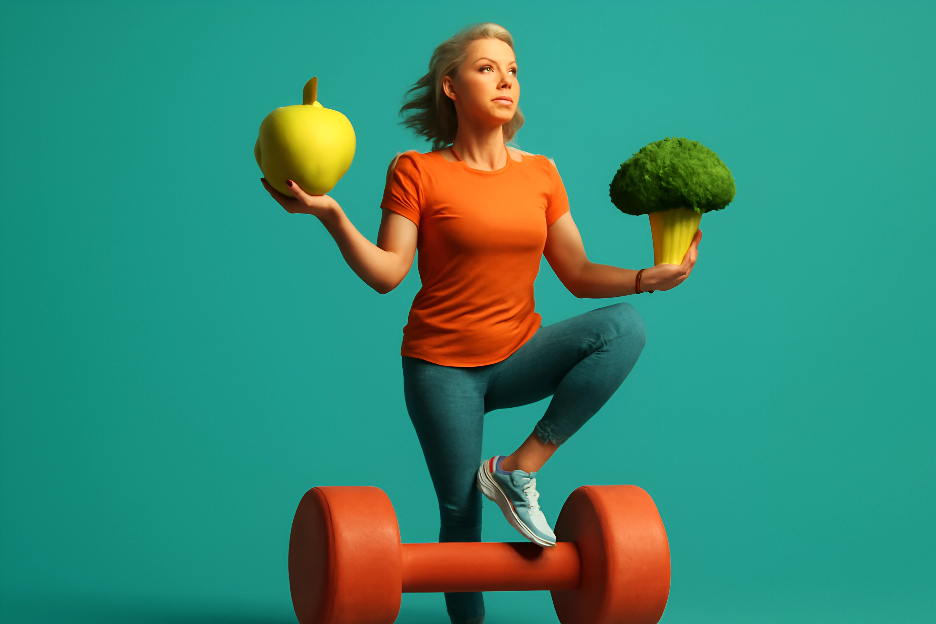 Mujer equilibrando pesas y alimentos saludables