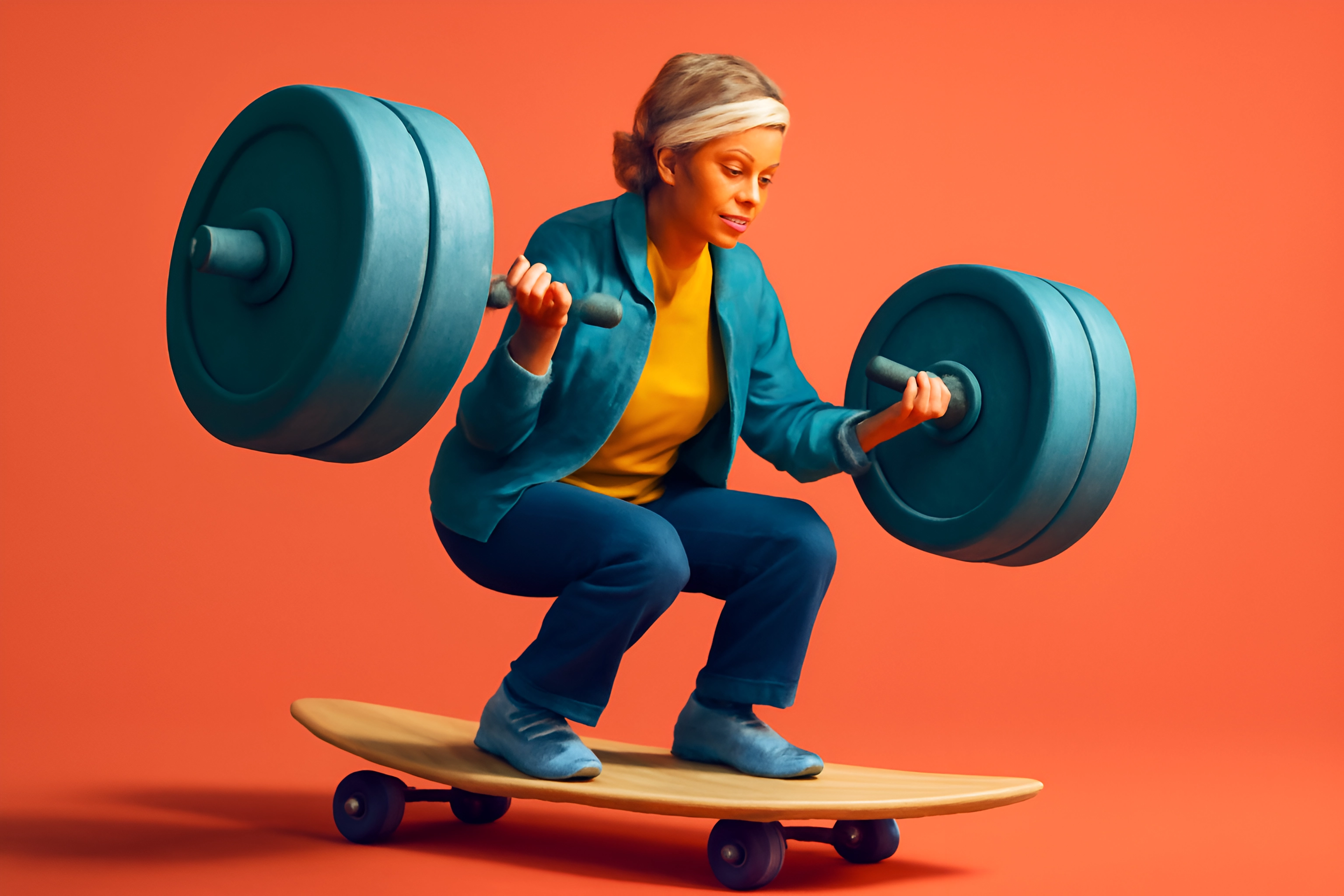 Donna che esegue uno squat con pesi su skateboard